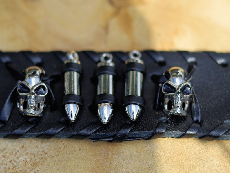 Skeleton Head Bullets Wide Leather Bracelet,Leather Bracelet,Wire cable Chain,Bangles, black Leather Wrap Bracelet,poppers,chunks, buttons