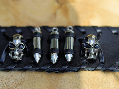 Skeleton Head Bullets Wide Leather Bracelet,Leather Bracelet,Wire cable Chain,Bangles, black Leather Wrap Bracelet,poppers,chunks, buttons