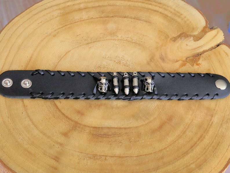 Skeleton Head Bullets Wide Leather Bracelet,Leather Bracelet,Wire cable Chain,Bangles, black Leather Wrap Bracelet,poppers,chunks, buttons