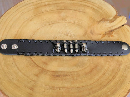 Skeleton Head Bullets Wide Leather Bracelet,Leather Bracelet,Wire cable Chain,Bangles, black Leather Wrap Bracelet,poppers,chunks, buttons