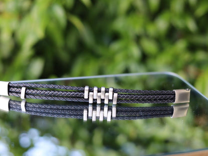 Double Layer Black Steel , Leather black Bracelet, Wire-cable Chain, Bangles, black Leather Wrap Bracelet, poppers, chunks, buttons