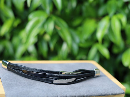 Leather Bracelet Multi layer Combination, Leather black Bracelet, Wire-cable Chain, Bangles, black Leather Wrap Bracelet,