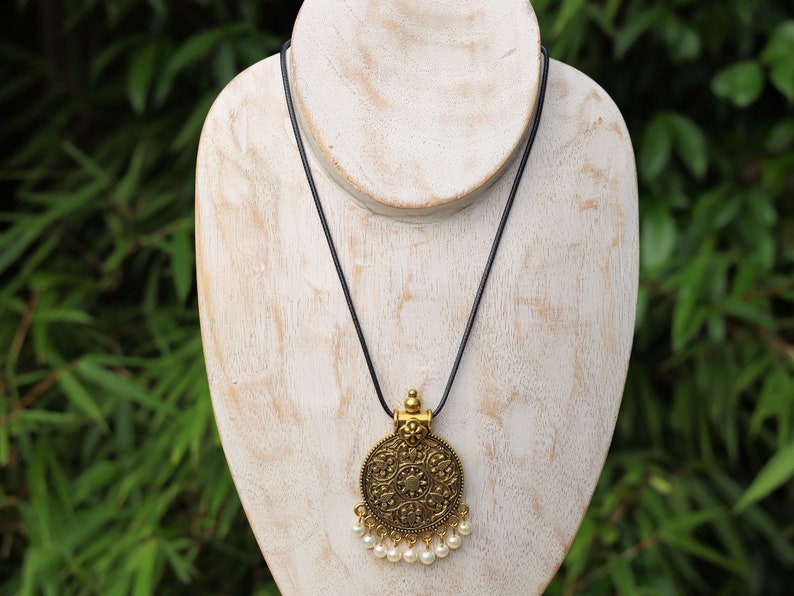 Antique Gold Large Round Tribal  Locket Charms Pendant necklace. month flower motive, Multi hole antiqued gold plated base metal, floral design