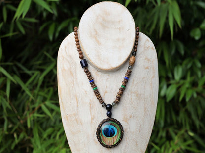 wooden beads peacock feather necklace. Weight: about 20 grams. Pendant size: round: 4.9*4.9*1.3cm; ellipse: 5.2*4.1*1.1cm