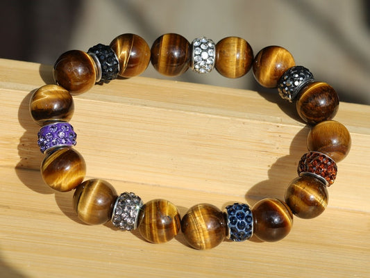 Polymer Clay Large Hole European Spacer Beads with Rhinestone  combined Tiger eye 12 beads. Tiger Eye stabilizes mood swings