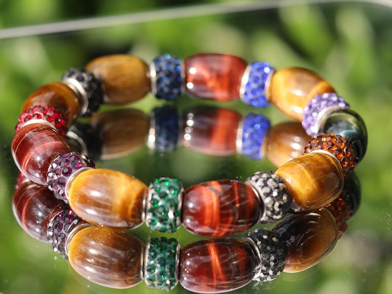 Polymer Clay Large Hole European Spacer Beads with Rhinestone  combined Appealing unique oval Tiger Eye . Tiger Eye stabilizes mood swings