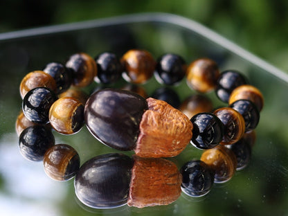 Natural Bodhi Myanmar Eggplant Bodhi  bracelet with black agate and Tiger eye. under which Siddhartha Gautama, the Buddha