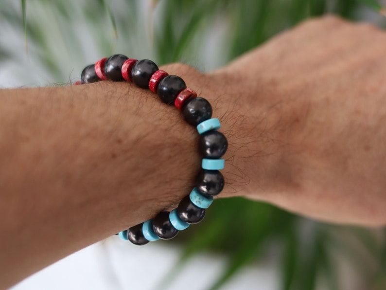 SHUNGITE Heishi Gemstone Beads, Sea Sediment Jasper turquoise blue/ red. Tibetan Magical Natural Stripe Raja Kayu Bead King  Wood