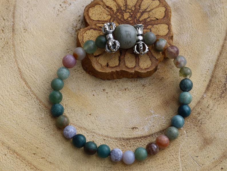 Prayer Bead: Om Mantra - Engraved Bodhi Seed. With Vajra bell and   Indian Agate Stone Gemstone Beads.  Perfect handmade gift