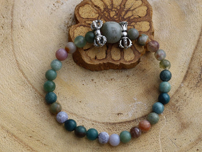 Prayer Bead: Om Mantra - Engraved Bodhi Seed. With Vajra bell and   Indian Agate Stone Gemstone Beads.  Perfect handmade gift