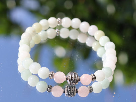 Beryl mineral bracelets with ibetan Antiqued Silver Round Floral Spacer Beads