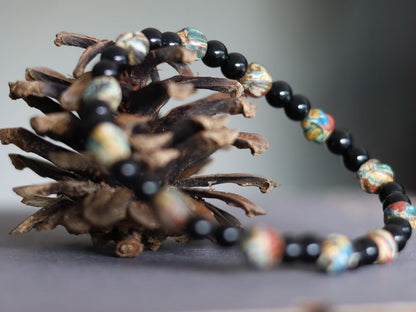 Natural Obsidian Beaded bracelet Round Carved Om Mani Padme Hum. Om Mani Padme Hum Obsidian Beaded Bracelet