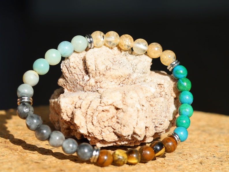 The MIXED Collection. Chrysocolla, Tiger eye, Labradorite, Amazonite, Citrine 6mm Gemstone Bracelet.  Energizing Mixed Stone Bracelet