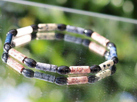 Natural Black Agate Barrel Beads. With multi color tube gemstones Sea Sediment Jasper.