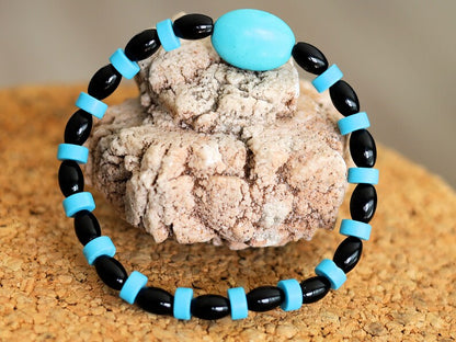 Natural Black Agate Barrel Beads. With beautiful large bead: real Howlite in Copper Turquoise look and Turquoise Gemstone Heishi Beads.