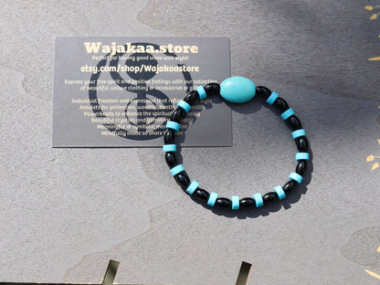 Natural Black Agate Barrel Beads. With beautiful large bead: real Howlite in Copper Turquoise look and Turquoise Gemstone Heishi Beads.