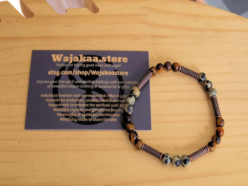 Unique Natural bracelets. engraved stylized spiral decoration,  Jichimu Wood bracelet, Crazy Horse Stone with black Agate