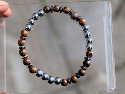 Round wooden beads - Jichimu Wood bracelet with silver Hematite and With Grade A Non-magnetic Hematite Rondelle Multi-color Plated, 6x2.5mm.