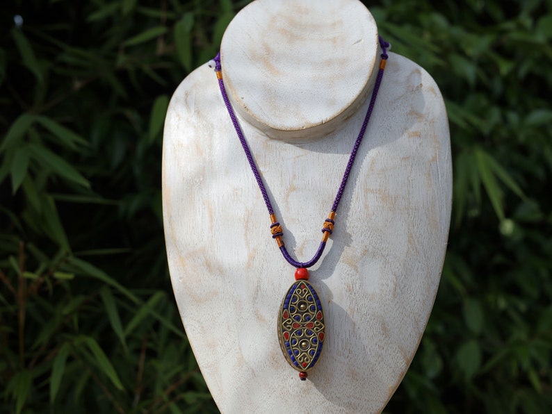Oval with Teardrop, pendant with Hand Knotted Adjustable Cord String Necklace. Handmade Indonesian beads are exquisite and diverse