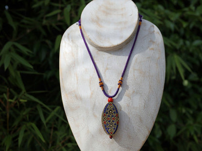 Oval with Teardrop, pendant with Hand Knotted Adjustable Cord String Necklace. Handmade Indonesian beads are exquisite and diverse