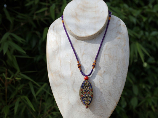 Oval with Teardrop, pendant with Hand Knotted Adjustable Cord String Necklace. Handmade Indonesian beads are exquisite and diverse