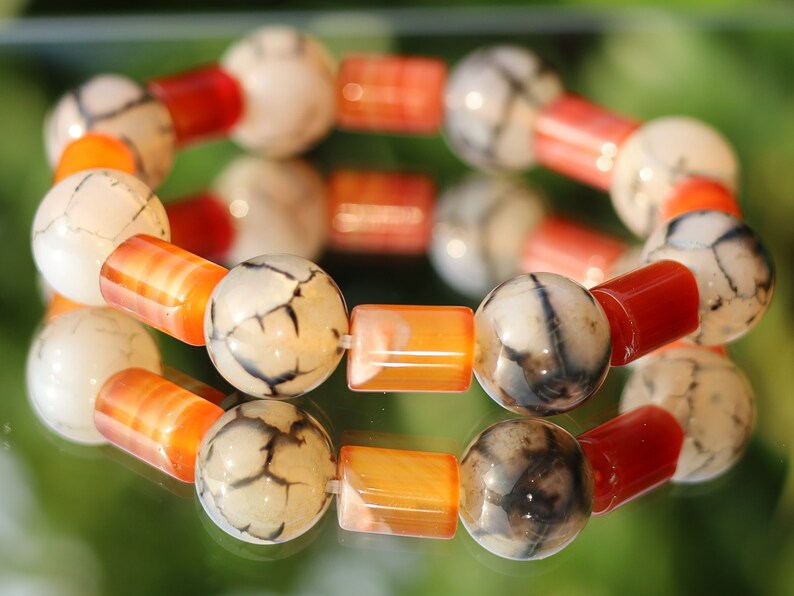 Unique Natural Coffee Lace Agate tube Bracelet with Dragon veins natural jade. a beautiful and unique piece of jewelry