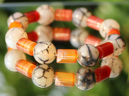 Unique Natural Coffee Lace Agate tube Bracelet with Dragon veins natural jade. a beautiful and unique piece of jewelry