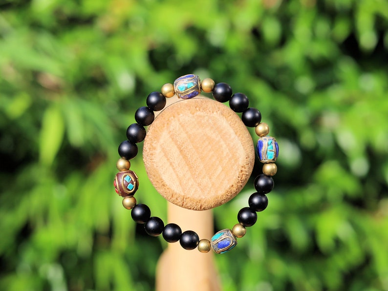 Nepal model Shaligram Super rare Natural black round bracelets. With Nepalese brass decorative round beads. Handmade in Nepal.