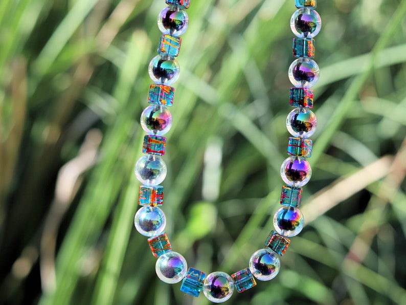 Party rave festival necklace,  holographic beads with Color cube sparkling Glass beads, Holographic, choker, Statement, party, necklace