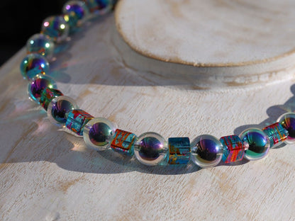 Party rave festival necklace,  holographic beads with Color cube sparkling Glass beads, Holographic, choker, Statement, party, necklace