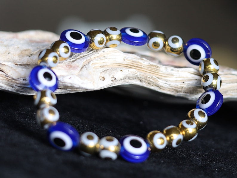 Round Handmade Evil Eye Lampwork Beads, Blue with Electroplate Glass, Round with Evil Eye Pattern, gold color. protecting the wearer