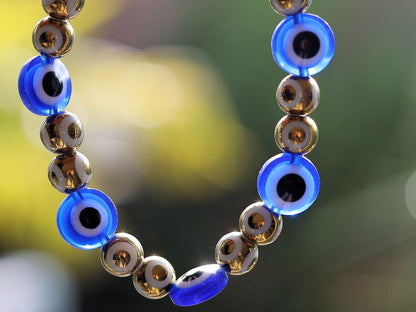 Round Handmade Evil Eye Lampwork Beads, Blue with Electroplate Glass, Round with Evil Eye Pattern, gold color. protecting the wearer