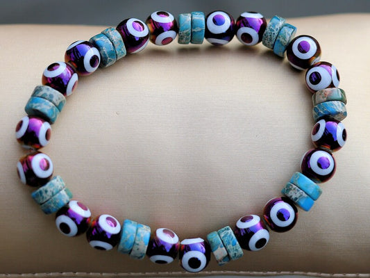 Round Handmade Evil Eye Lampwork Beads, Blue with Electroplate Glass, Round with Evil Eye Pattern, gold color. protecting the wearer
