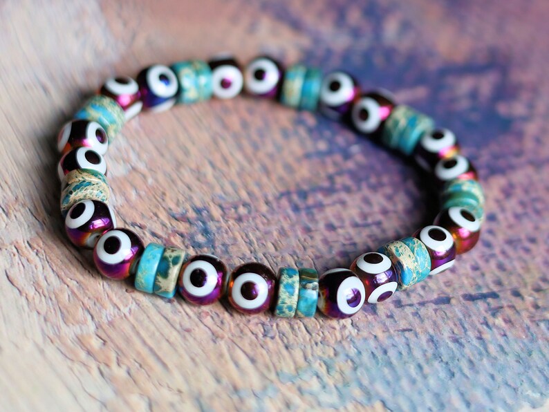 Round Handmade Evil Eye Lampwork Beads, Blue with Electroplate Glass, Round with Evil Eye Pattern, gold color. protecting the wearer