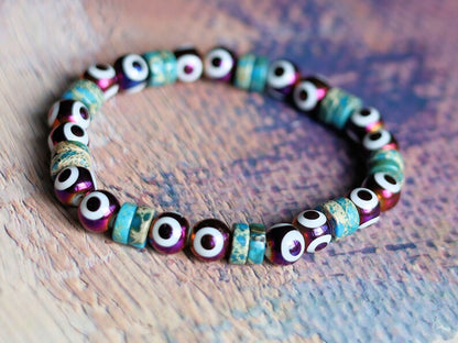 Round Handmade Evil Eye Lampwork Beads, Blue with Electroplate Glass, Round with Evil Eye Pattern, gold color. protecting the wearer