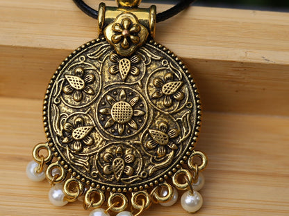 Antique Gold Large Round Tribal  Locket Charms Pendant necklace. month flower motive, Multi hole antiqued gold plated base metal, floral design