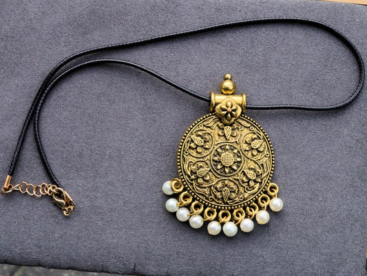 Antique Gold Large Round Tribal  Locket Charms Pendant necklace. month flower motive, Multi hole antiqued gold plated base metal, floral design