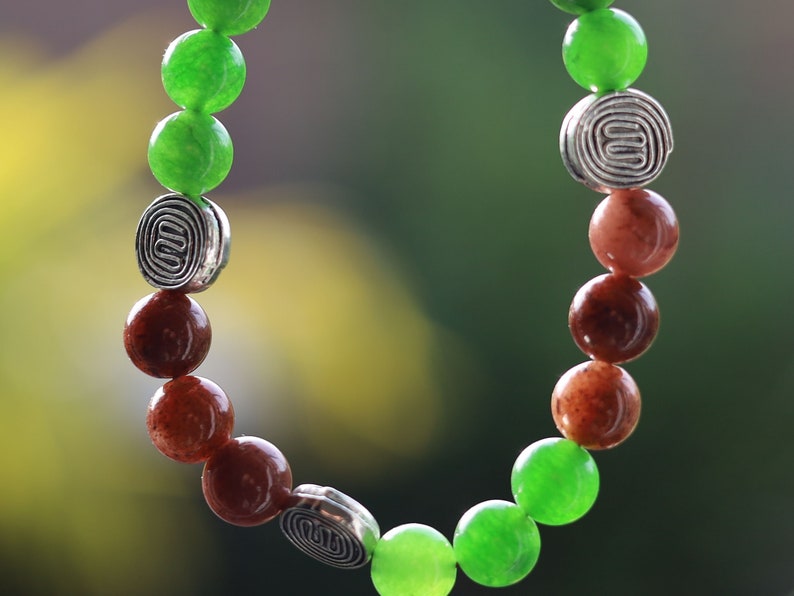Green Jade in combination with Chocolate Brown Coated Czech Glass Pearl Smooth Round Bead and Antique Maze Silver Tone Spacer Beads