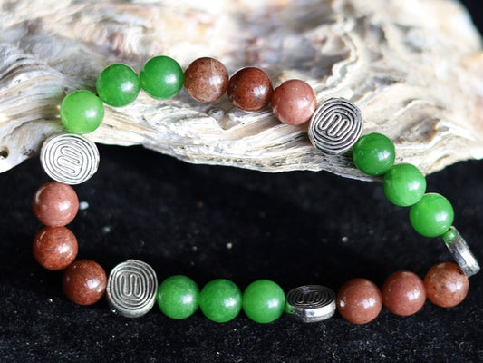 Green Jade in combination with Chocolate Brown Coated Czech Glass Pearl Smooth Round Bead and Antique Maze Silver Tone Spacer Beads