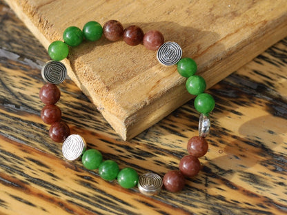 Green Jade in combination with Chocolate Brown Coated Czech Glass Pearl Smooth Round Bead and Antique Maze Silver Tone Spacer Beads