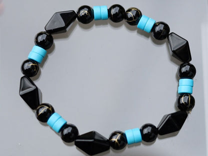 Natural Stone Black Gold Color Line Agates with Turquoise Clay Spacer Heishi Beads, 6mm.  Diamond Glass Bead Black 15x10mm