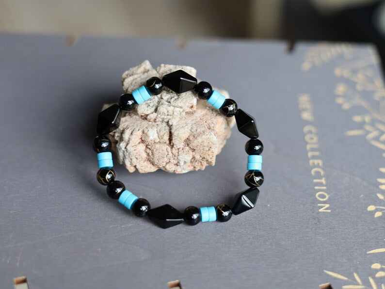 Natural Stone Black Gold Color Line Agates with Turquoise Clay Spacer Heishi Beads, 6mm.  Diamond Glass Bead Black 15x10mm