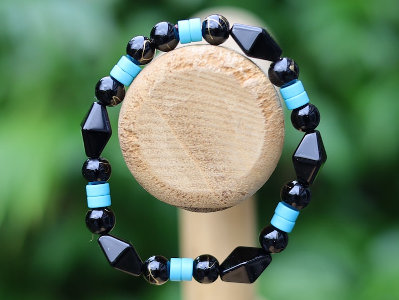 Natural Stone Black Gold Color Line Agates with Turquoise Clay Spacer Heishi Beads, 6mm.  Diamond Glass Bead Black 15x10mm