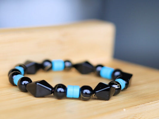 Natural Stone Black Gold Color Line Agates with Turquoise Clay Spacer Heishi Beads, 6mm.  Diamond Glass Bead Black 15x10mm