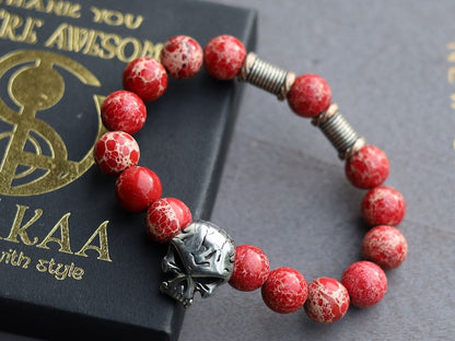 Rare big Skull combined with  Red Sea Sediment Jasper Beads and Tribal Tube Beads, create a unique and eye-catching bracelet, handmade gifts
