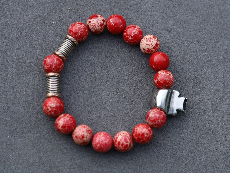 Rare big Skull combined with  Red Sea Sediment Jasper Beads and Tribal Tube Beads, create a unique and eye-catching bracelet, handmade gifts
