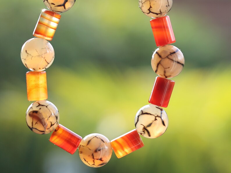 Unique Natural Coffee Lace Agate tube Bracelet with Dragon veins natural jade. a beautiful and unique piece of jewelry