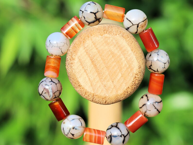 Unique Natural Coffee Lace Agate tube Bracelet with Dragon veins natural jade. a beautiful and unique piece of jewelry