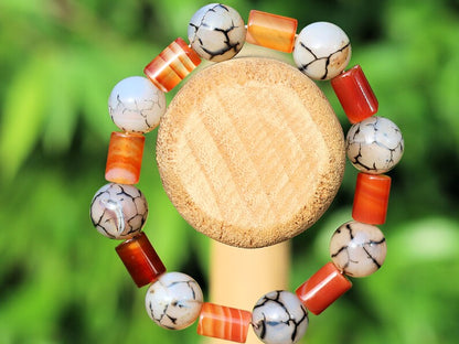 Unique Natural Coffee Lace Agate tube Bracelet with Dragon veins natural jade. a beautiful and unique piece of jewelry