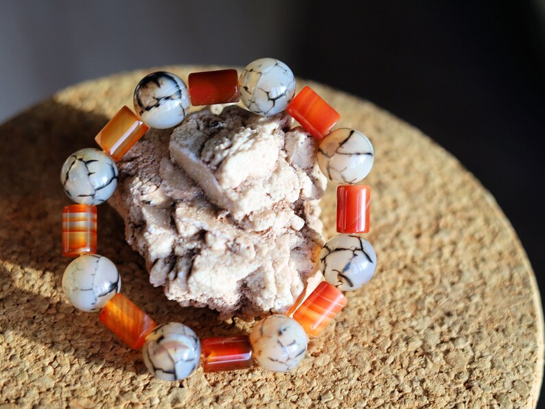 Unique Natural Coffee Lace Agate tube Bracelet with Dragon veins natural jade. a beautiful and unique piece of jewelry